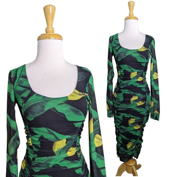Ganni Midi Dress Womens 0 Ruched Scoop Banana Print Mesh Tropical Palm - Picture 1 of 16